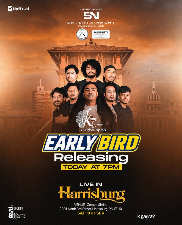 Official poster — a presentation of SN Entertainment in association with Rabin Bista. Kuma Sagar & The Khwopaa live in Harrisburg, Saturday 19 September, Zembo Shrine, 2801 North 3rd Street, Harrisburg PA 17110. Tour by Dakwo Events.